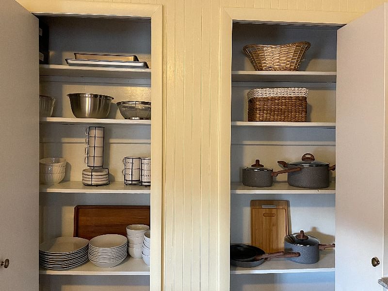 Fully stocked kitchen, with all cooking, baking, and serving dishes and utensils.