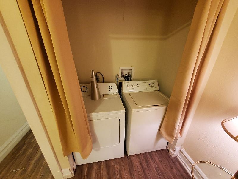 In-room laundry area with washer and dryer. No need to go to basement or laundromat to do laundry!