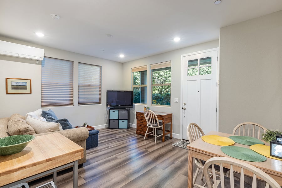 View of living room dining room from kitchen. 