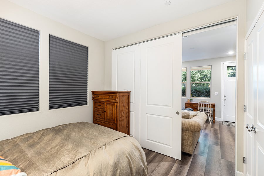 bedroom doors slide so you can move the opening left right or center, or close all three. 