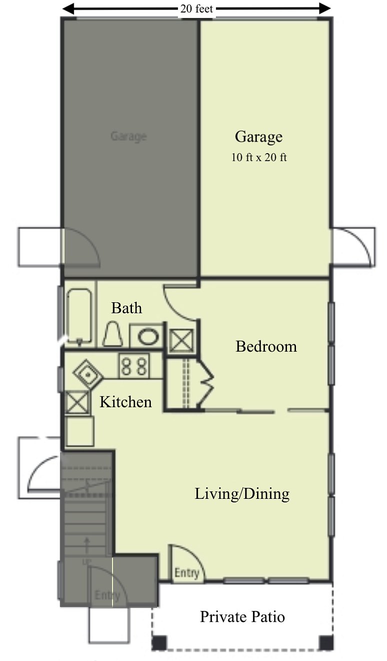 The house is 20 feet wide. This floor plan is to scale. The cream area is the unit for rent. The grey area is the next door (upstairs) unit. The box with the X in the bathroom is the location of the washer/drier unit. 