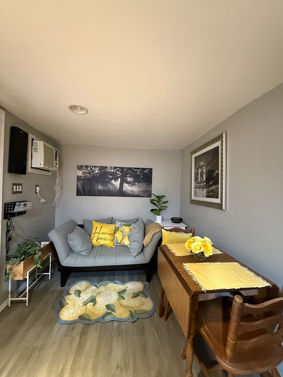 When you walk in next to the sitting area there is a small dinning room table for 2. You can enjoy breakfast & dinner while looking outside & enjoy some light or watch the birds.