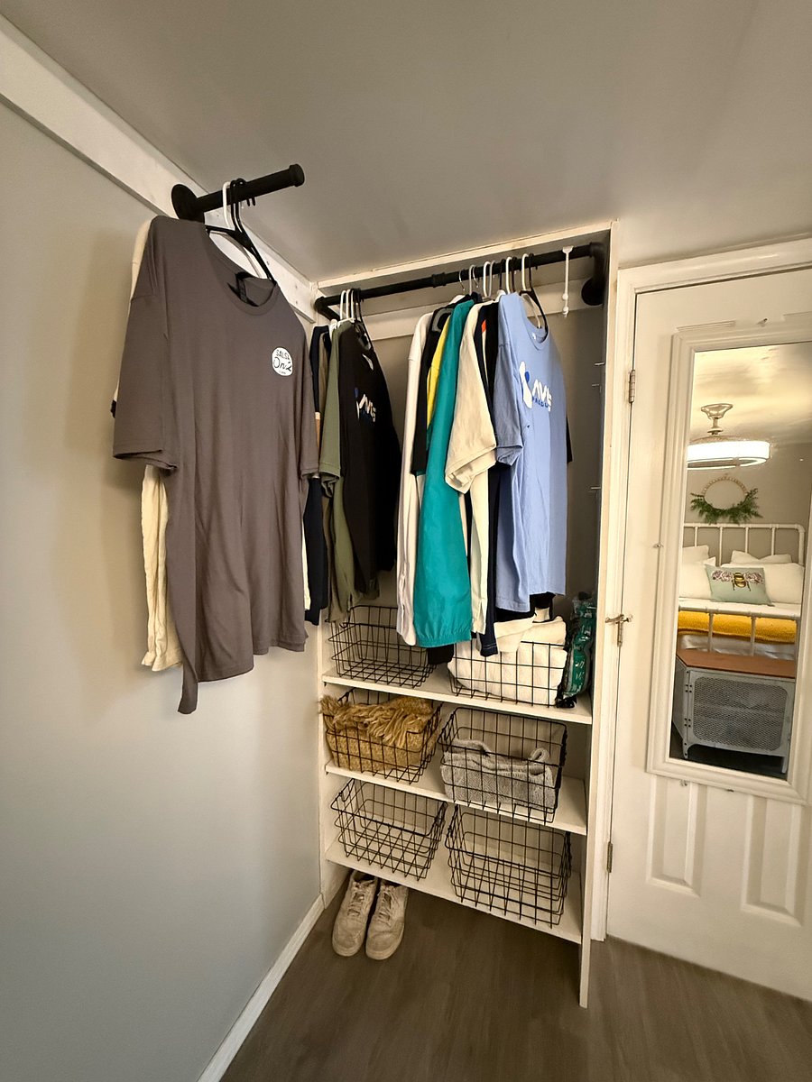 Hang dresses or shirts. Shelves are removable. Put socks, shorts and t-shirts in the baskets.