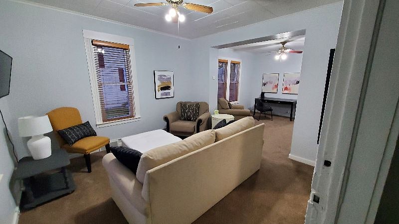 The room adjacent has a desk. We've got Wi-Fi, so it's a great place to work, study, play, or shop. ;)