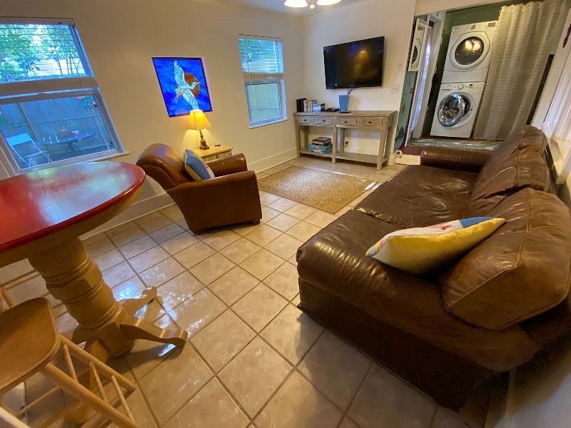 Streaming channels and antenna provided. Full-sized, front-loader washer and dryer.