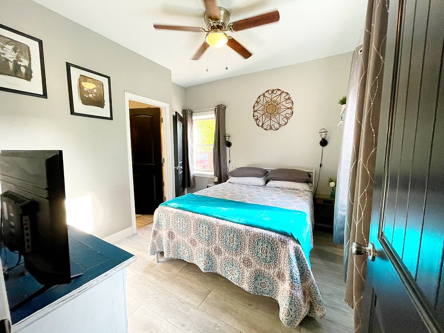 Wide angle view of bedroom