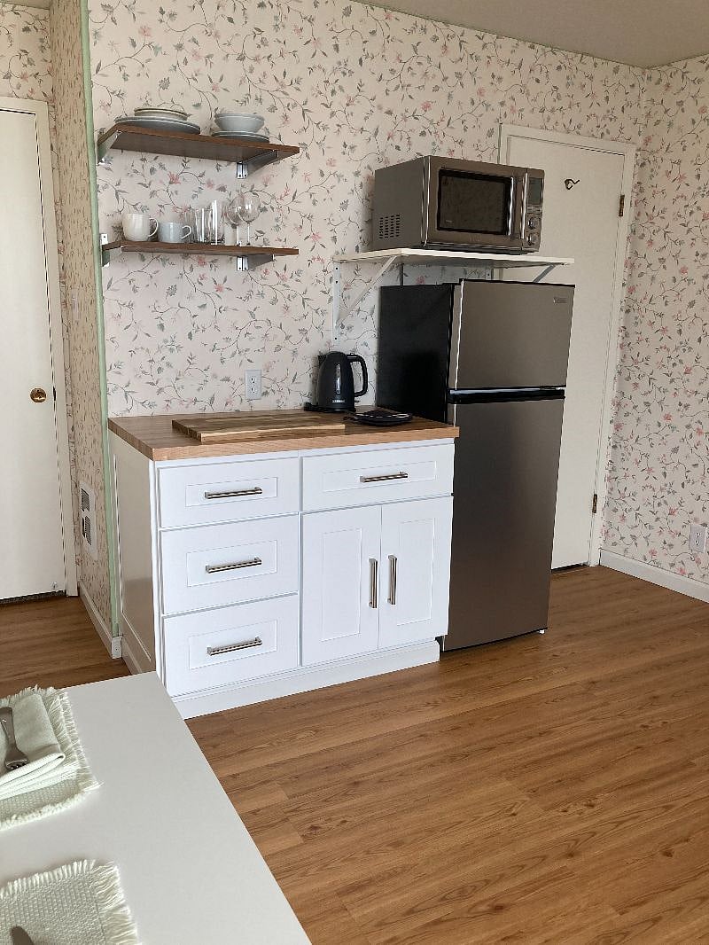 Kitchenette with 3 in One Breville Air Fry Convection Oven and Microwave. 