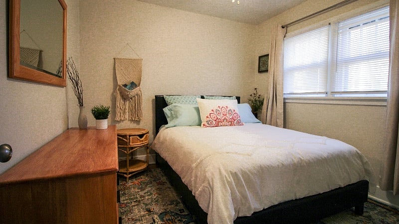 Bedroom 1 with Queen bed and blackout curtains
