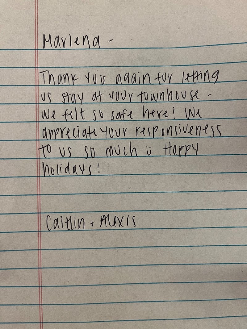 note from two nurses that stayed at the townhouse.