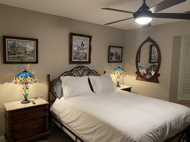 Bedroom two, Queen Size Bedroom Set, Marti Bell Original Pictures, Stained Glass End Table Lamps, Marble topped Furniture!