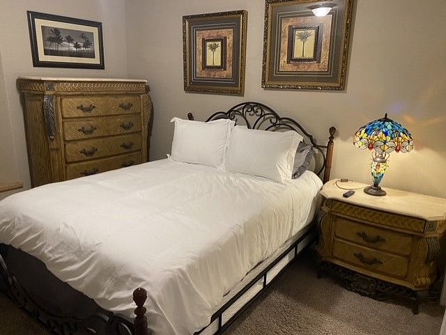 Bedroom One, Queen Size Bedroom Set, Marti Bell Original Pictures, Stained Glass End Table Lamps, Marble topped Michael Amini Furniture!