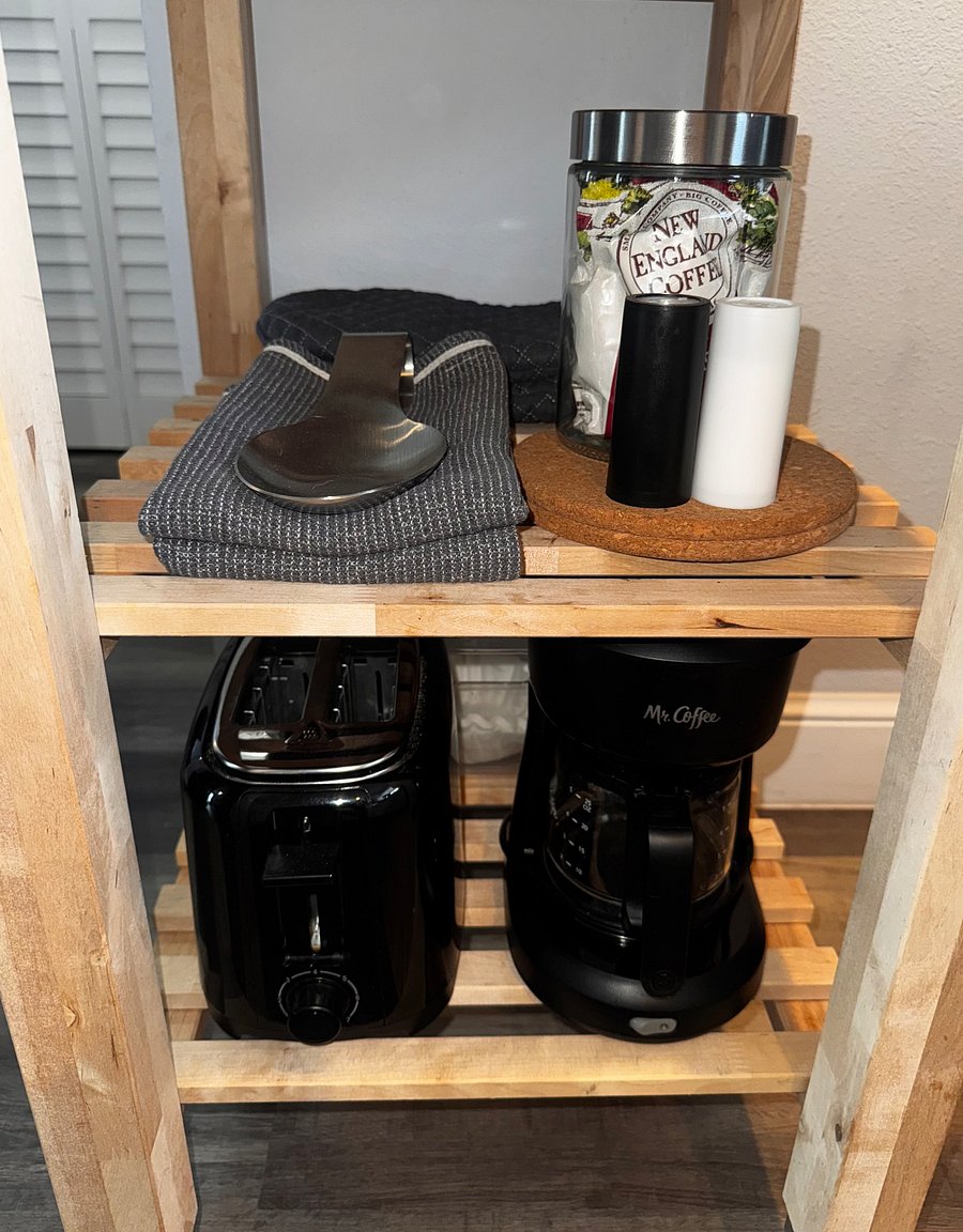 A toaster & coffee maker along with filters & a limited amount of coffee are provided during your stay.