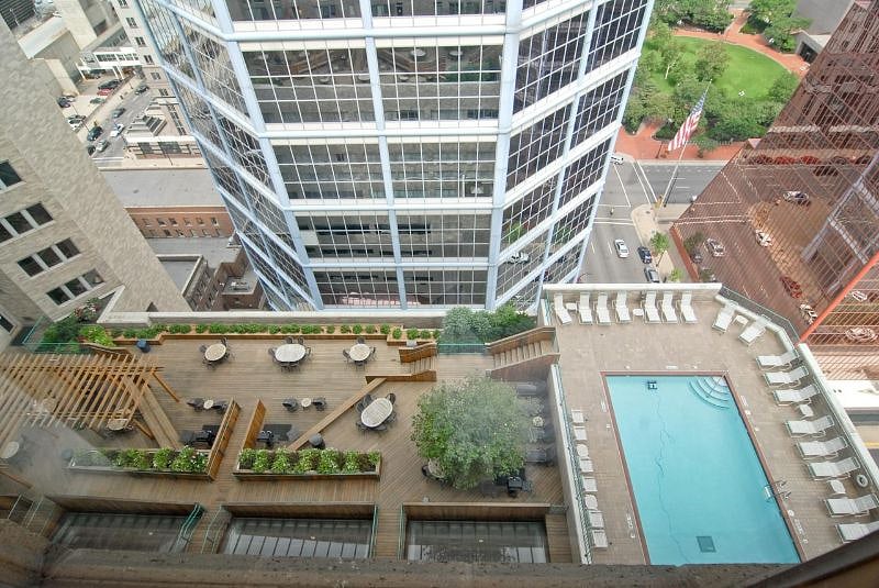 bird's eye view of the outdoor deck with pool