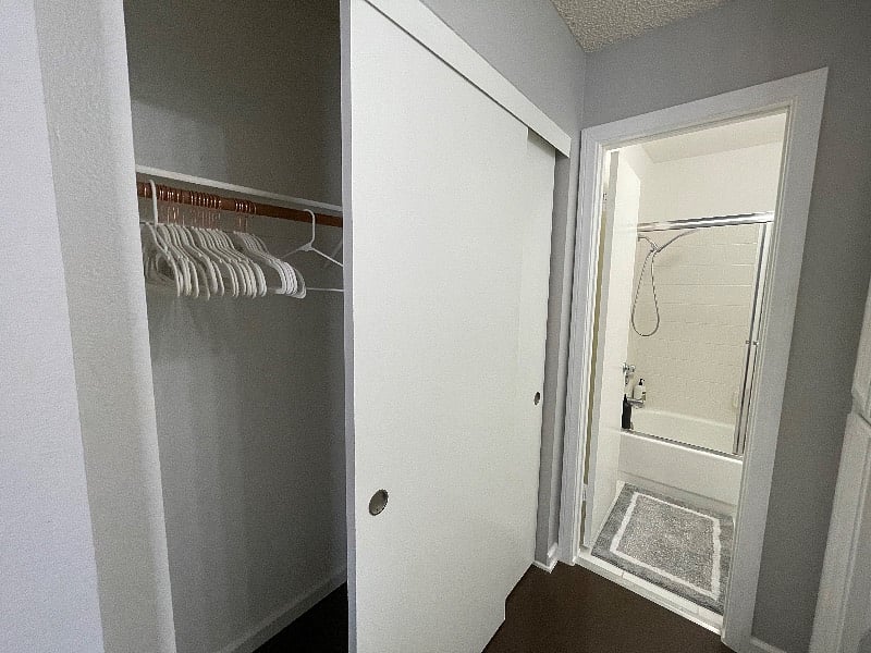 Spacious closet with hangers.