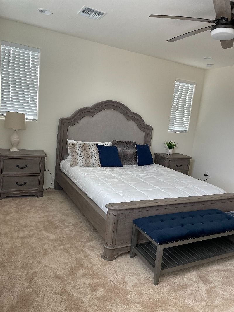 Master bedroom with walk in closet and full size restroom