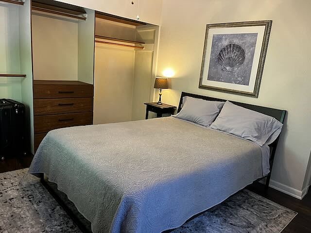 Master bedroom with queen bed and large closet space