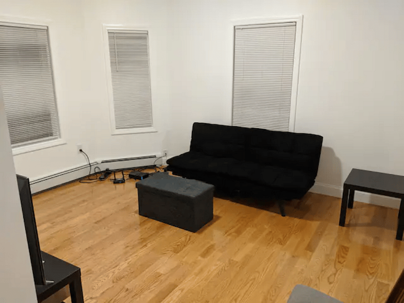 Huge living room with memory foam futon, perfect for stretching out