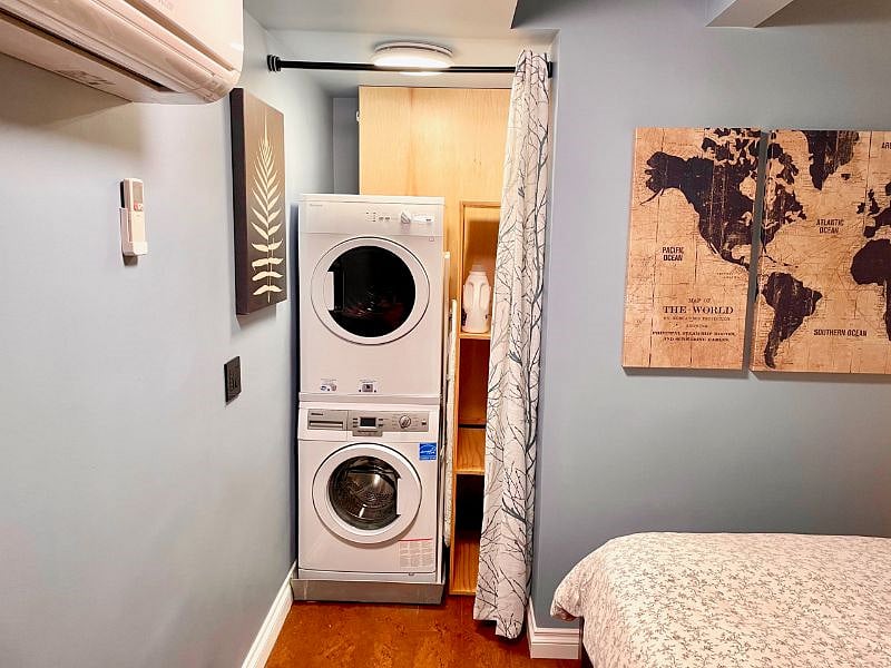 Perfect for long term stays with a washer, dryer & ironing board.