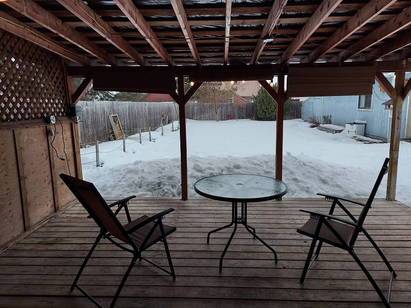 Fenced backyard from the covered back deck. 