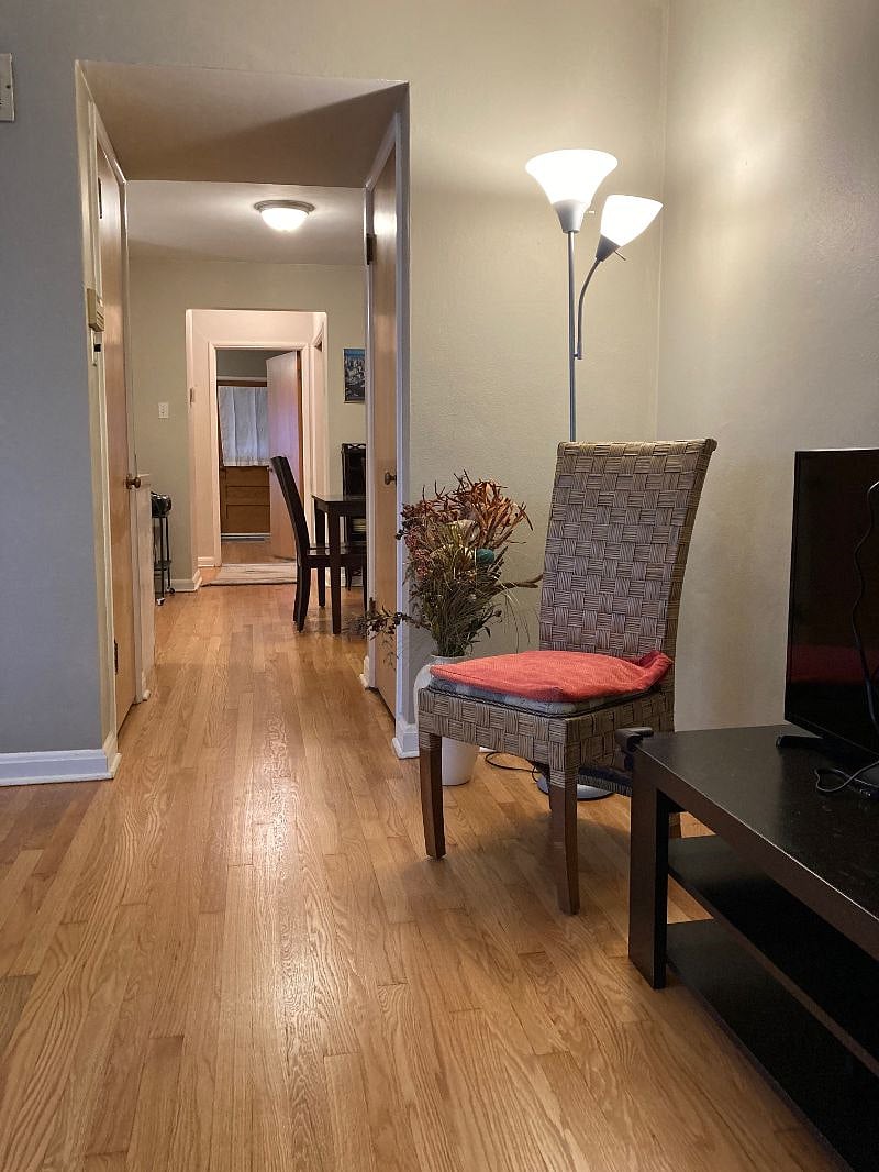 Beautiful hardwood floors throughout the apartment.  Hallway between living room and kitchen has two closets for additional storage,