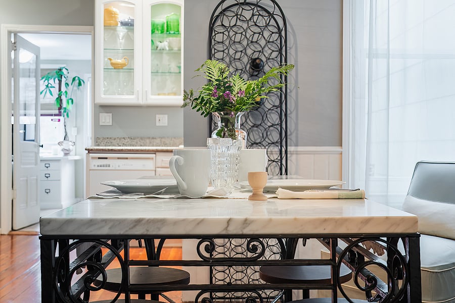 Beautiful marble top island adjoining the kitchen.