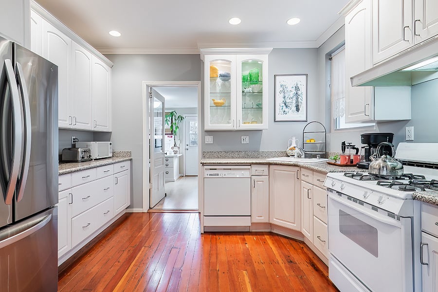 A cooks kitchen! Updated kitchen with gas stove and oven and new stainless steel french door refrigerator.