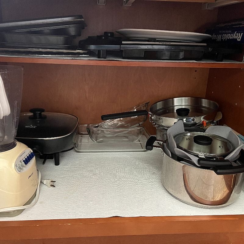 Pots, pans, electric griddle, electric frypan. 