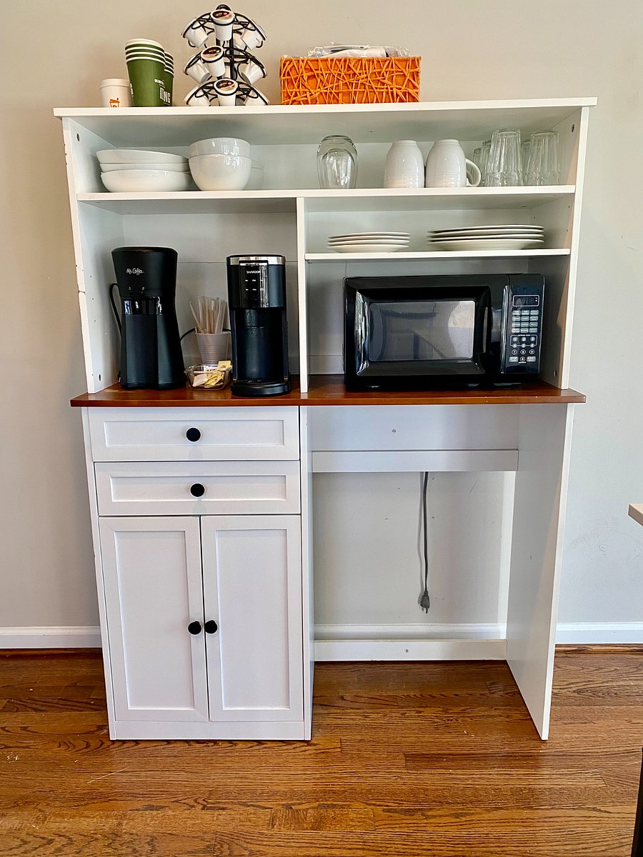 Small appliance bar holds everything you need: microwave, iced coffee maker, hot coffee maker, air fryer, rice maker, toaster.