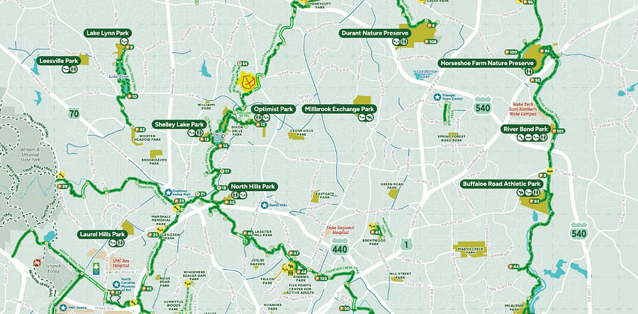 Located near the Shelley Lake and Crabtree Creek Greenway, which connects to the larger Capital Area Greenway system. Residents can walk, run, or bike through wooded paths and along the creek.