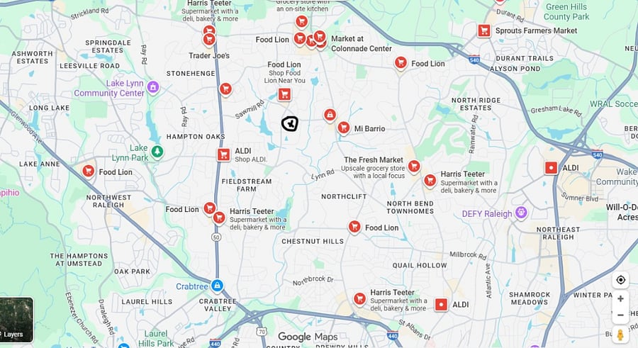 Trader Joe's, Whole Foods and many other stores located close by. House location indicated by black X.