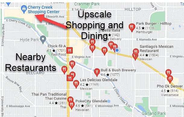 Nearby restaurants and minutes from Cherry Creek and upscale boutique shops.  Close to hospitals and parks.
