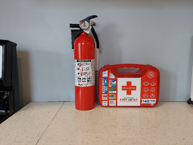 Safety first: fire extinguisher and first-aid kit available
