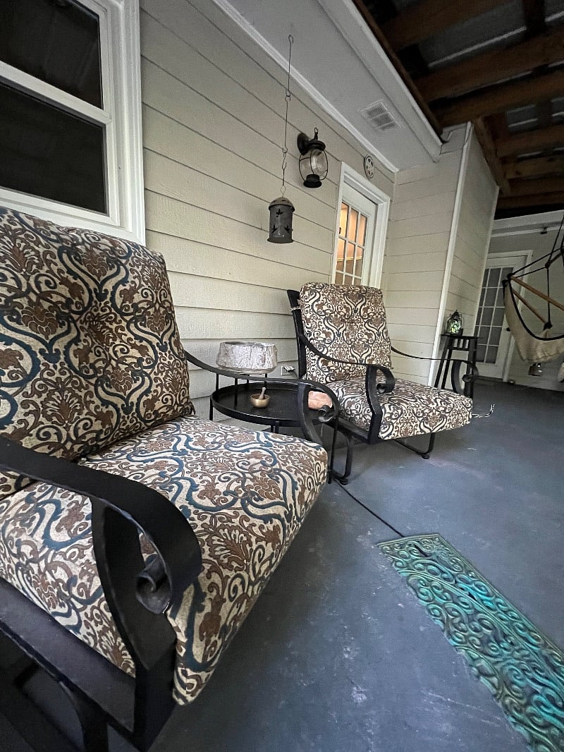 Rocking chairs lookout to the 360 view of the forest with the sound of our private waterfall.