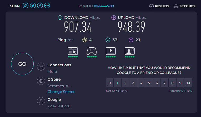 This Location has the highest speed fiber internet available in Hattiesburg. This speed test is by Ookla.
