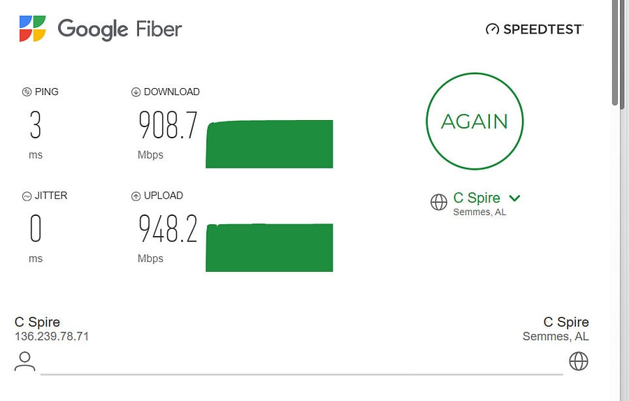 This Location has the highest speed fiber internet available in Hattiesburg. This speed test is by google.