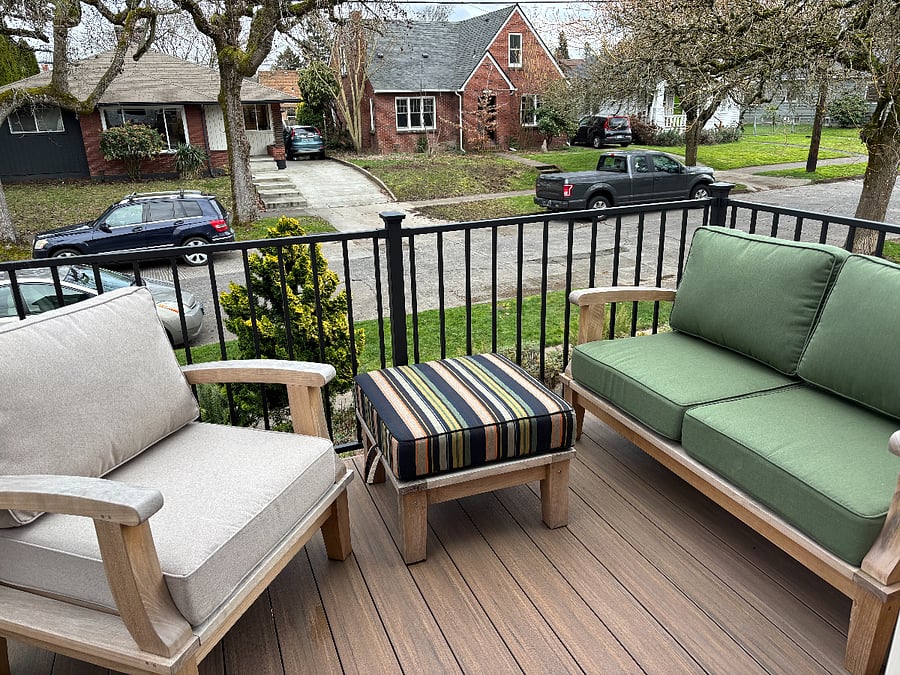 Brand new front porch with teak furniture makes for lovely sun sitting in the early part of the day, evening sitting in the shade.