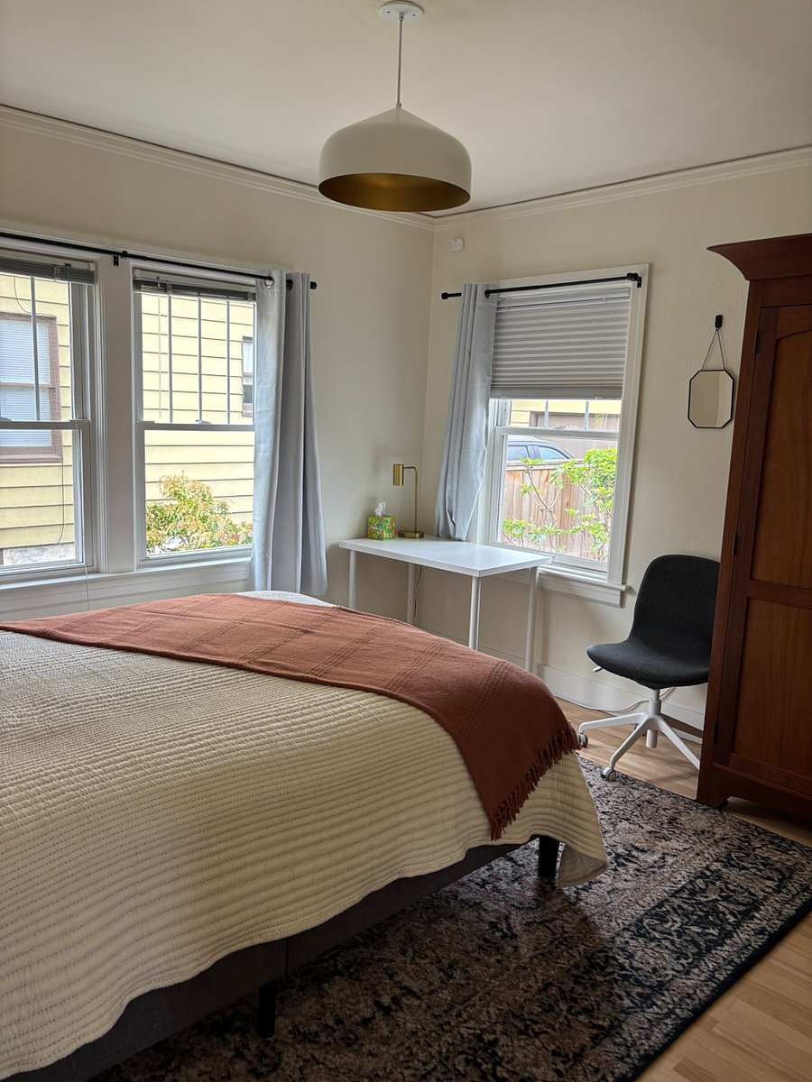 Small desk and office chair supplied. Seasonally I put a small U shaped AC unit in the side window without a screen. These units are quieter than traditional window units.