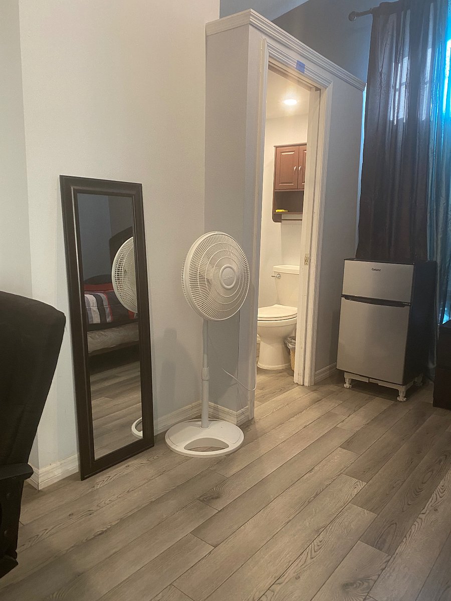 Mini fridge
Fire extinguisher
Side table