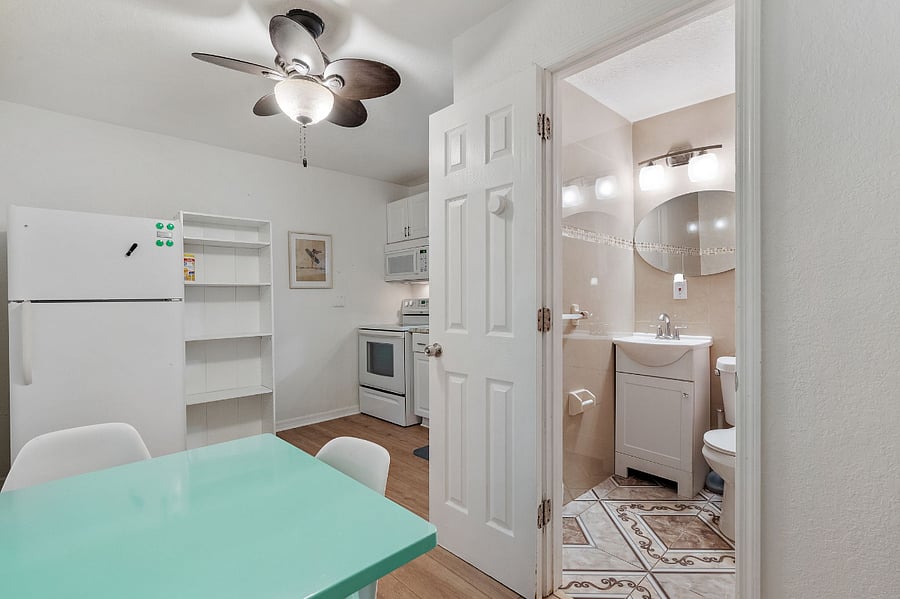 Kitchen, dining, bathroom