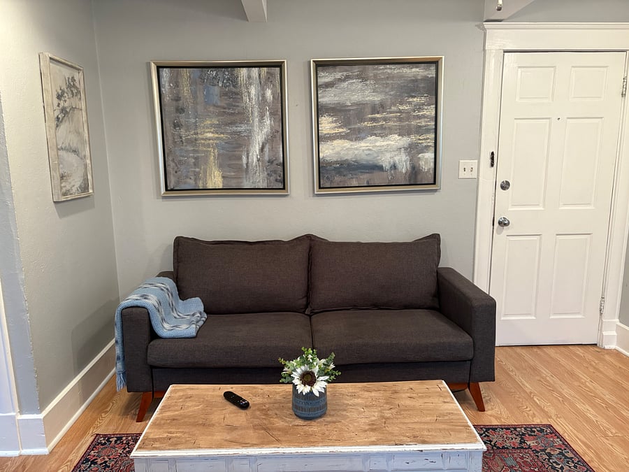 Spacious living room, full couch. 