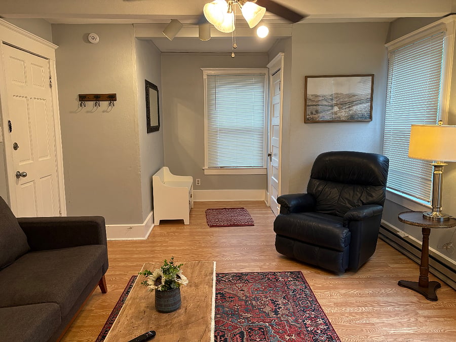 The entrance to the bi-level apartment is into the living room, two spacious closets, bench to help get ready, recliner and lots of light. 