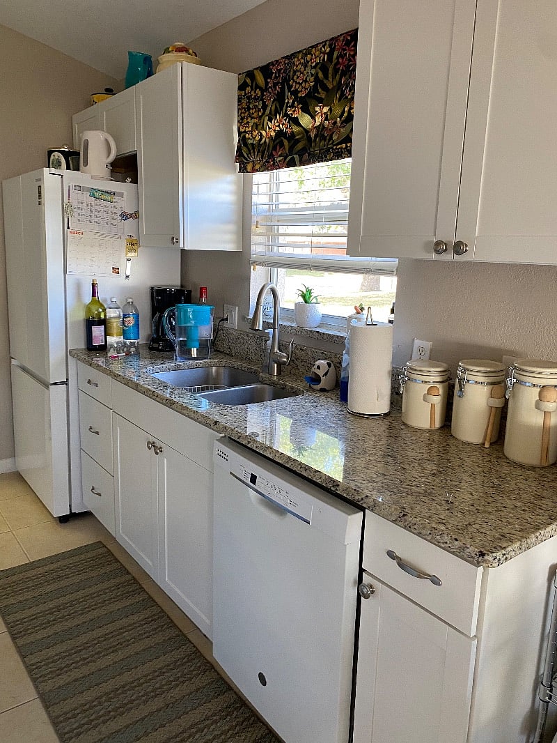 Kitchen with "Smart" refrigerator and gooseneck faucet.