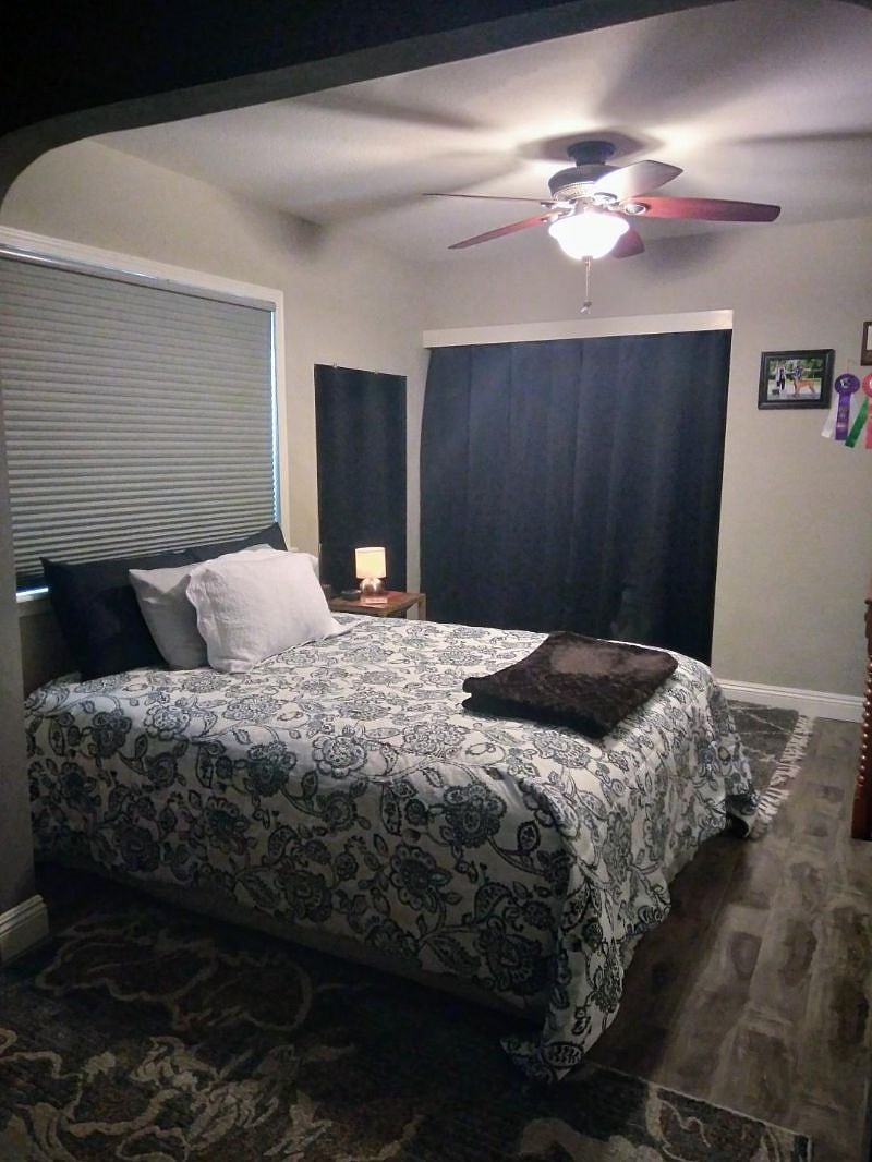 Queen with pillow top, blackout blinds and roomie closet.