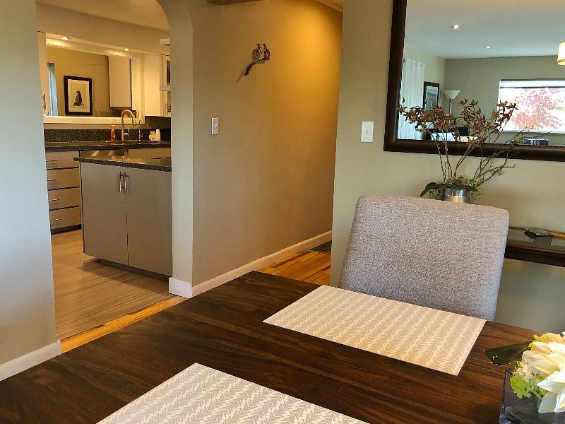 View into kitchen from dining table