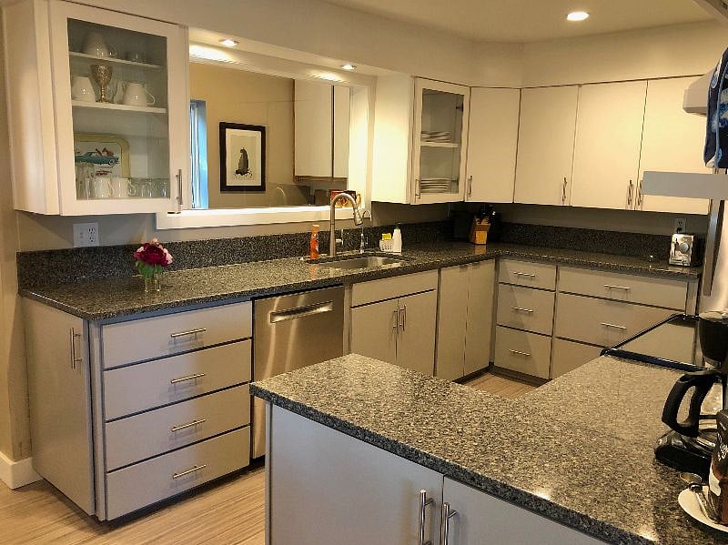 Kitchen has quartz counters, induction range, under-counter lighting, filtered water, full fridge, and lots of cooking tools.