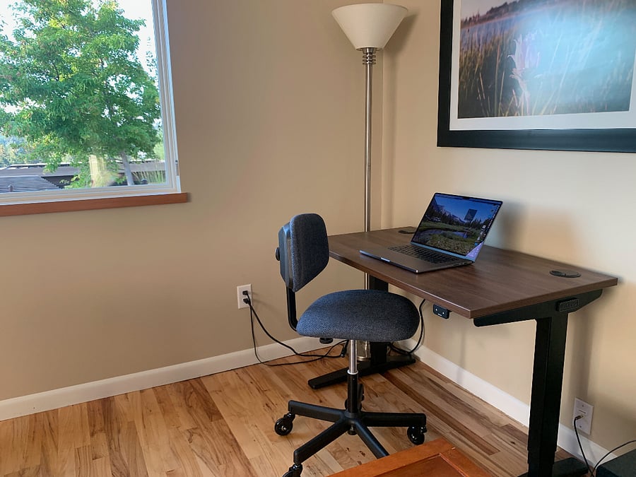 A motorized standing desk is perfect for remote workers.