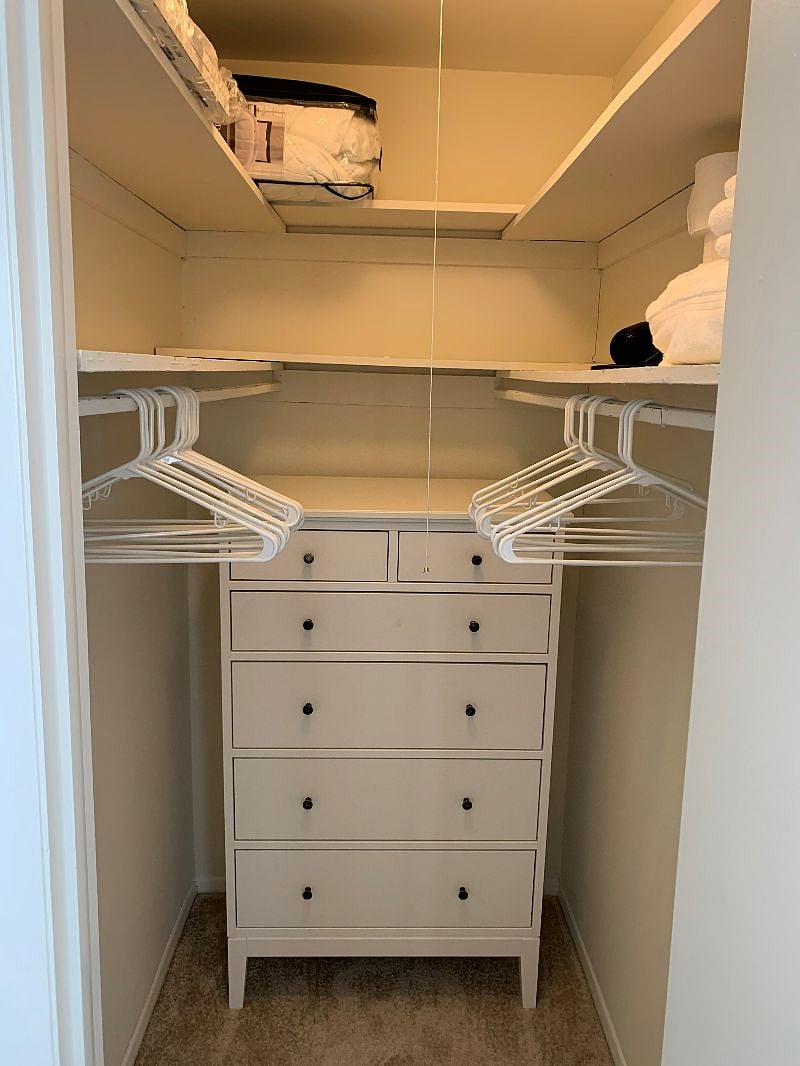 New IKEA dresser in large walk-in closet. Lots of hangars and new quilted down comforter.
