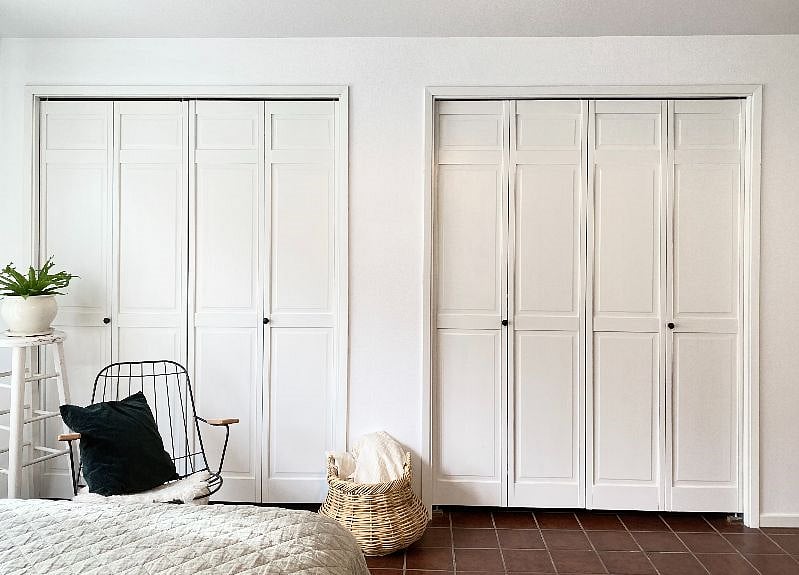 Two Closets with Dresser, Small Fridge, Microwave, Storage inside.
