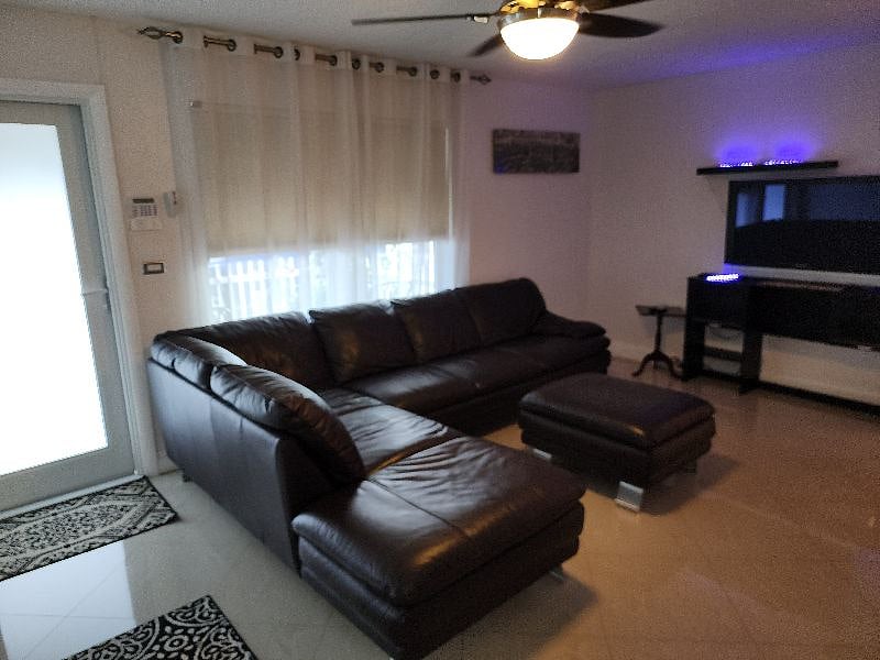 Entrance and living room with TV and leather sofa