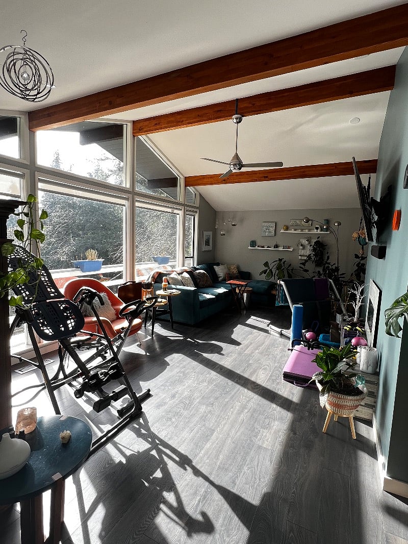 Living Room with exercise equipment. Current setup 2023